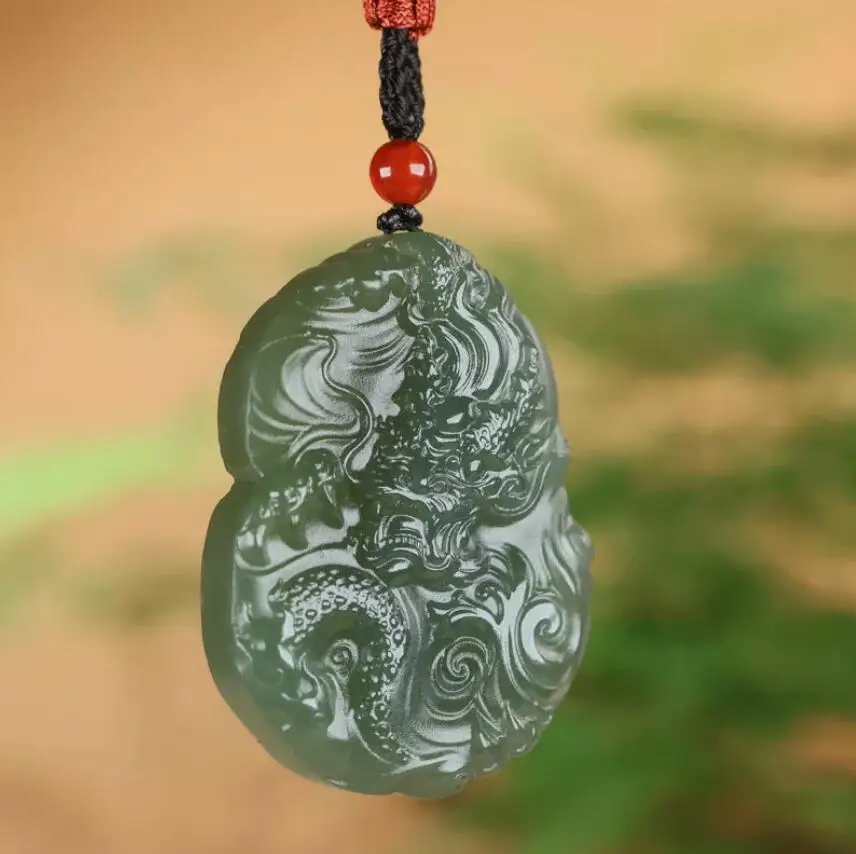 Chinese Natural Grade A Icy Green HeTian Jade jadeite Hand-Carved pendant Dragon