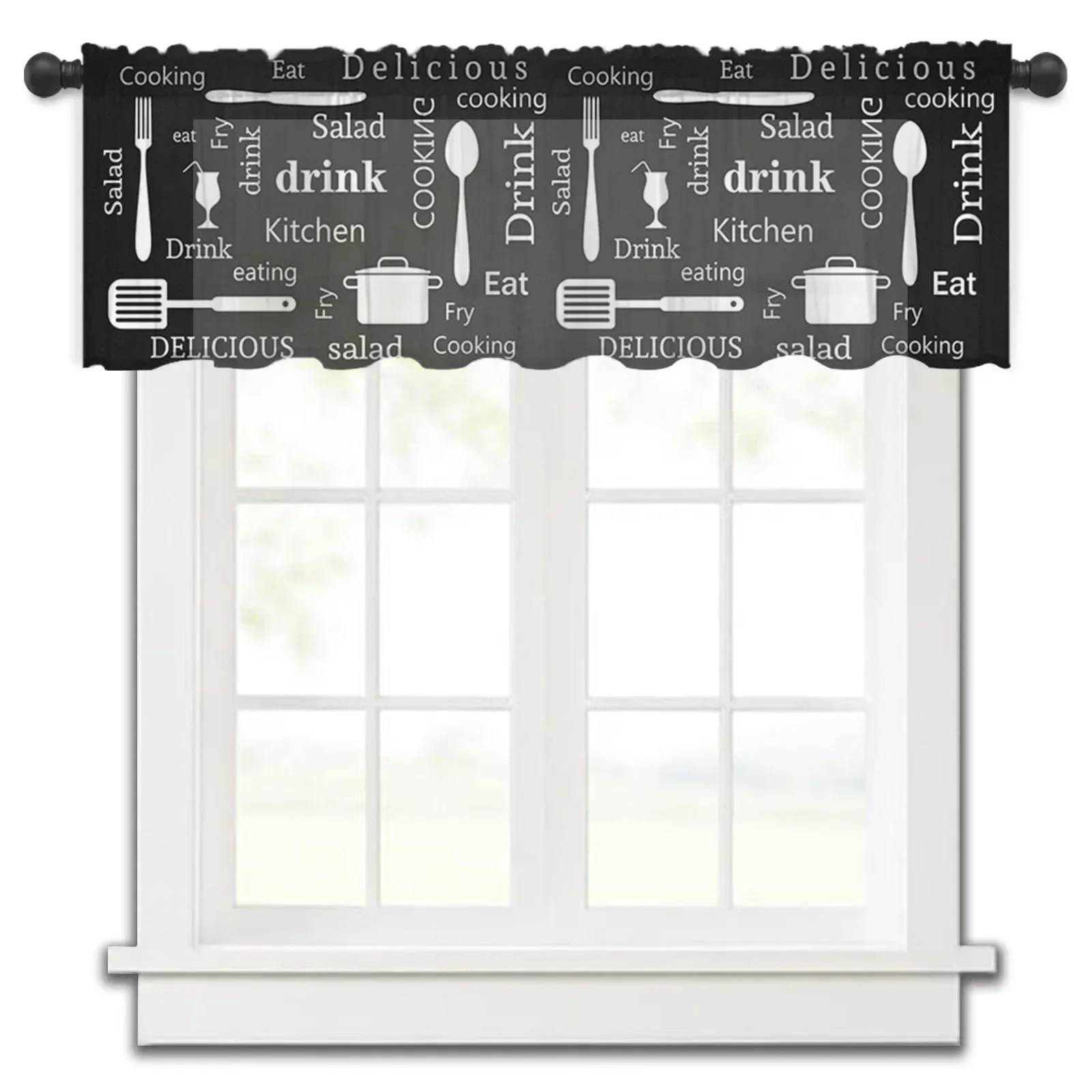 Kitchen Text Knife And Fork Black Kitchen Small Curtain Tulle Sheer Short Curtain Bedroom Living Room Home Decor Voile Drapes