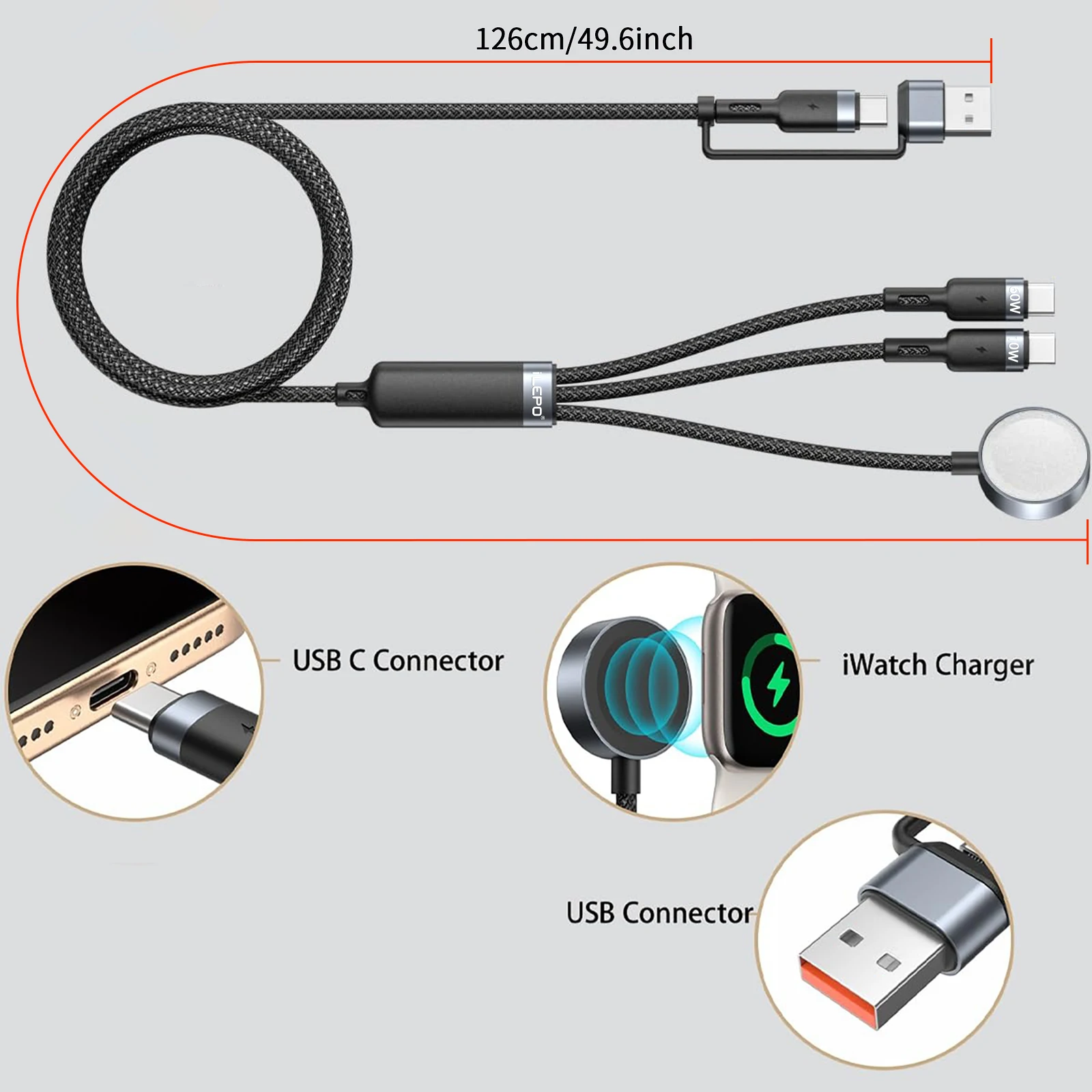 شاحن USB C متعدد PD 60 وات 3 في 2 لهاتف هواوي آيفون 16/15 برو سامسونج شحن لاسلكي لساعة أبل iWatch Ultra SE
