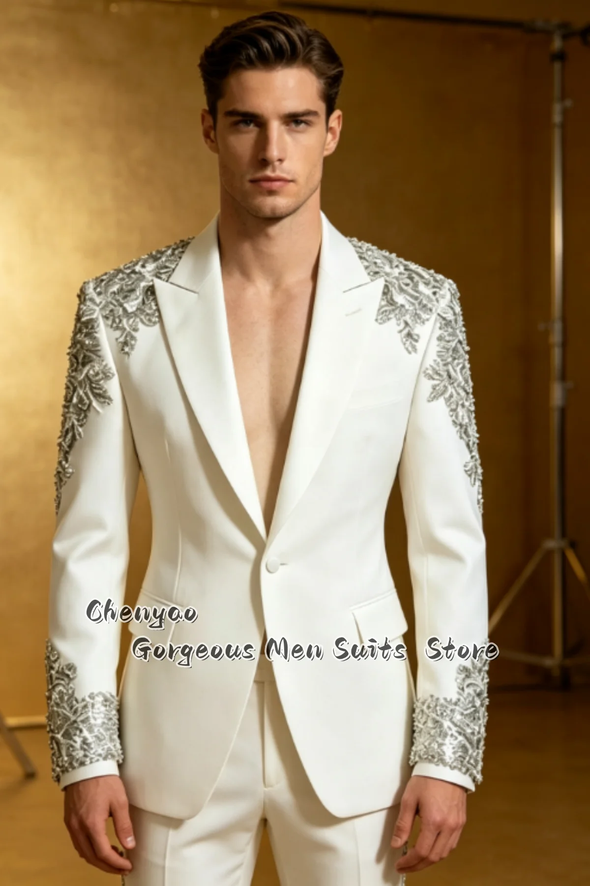 High End Silver Rhinestone Embroidery Men Suits Customized Groom Tuxedos Sparkling Formal Male Blazer 2‑piece Sets Costume Homme