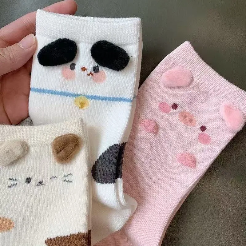 3 pairs of girls' medium tube socks, cute expression, cute ears, women's comfortable soft socks