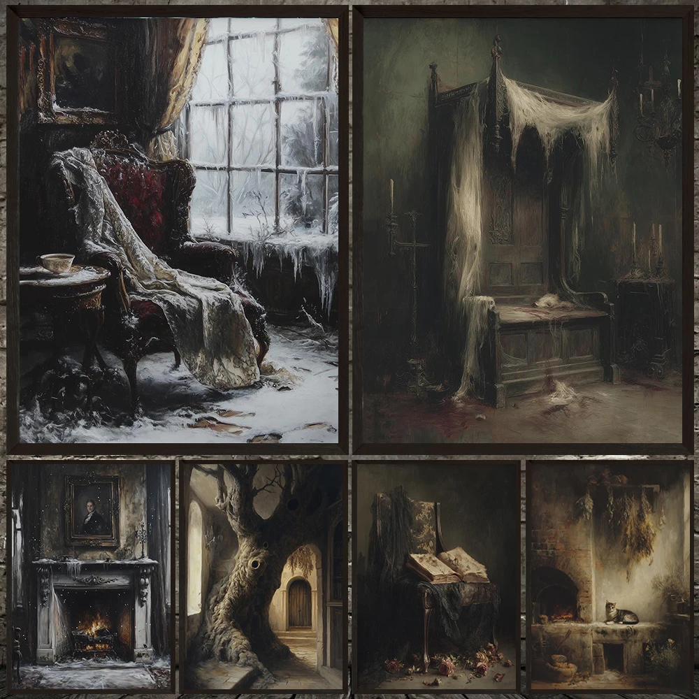 

Abandoned Fireplace And Haunted Antique Book Gothic Wall Art Canvas Print,Occult Witchcraft Aesthetic Art Poster Print Decor