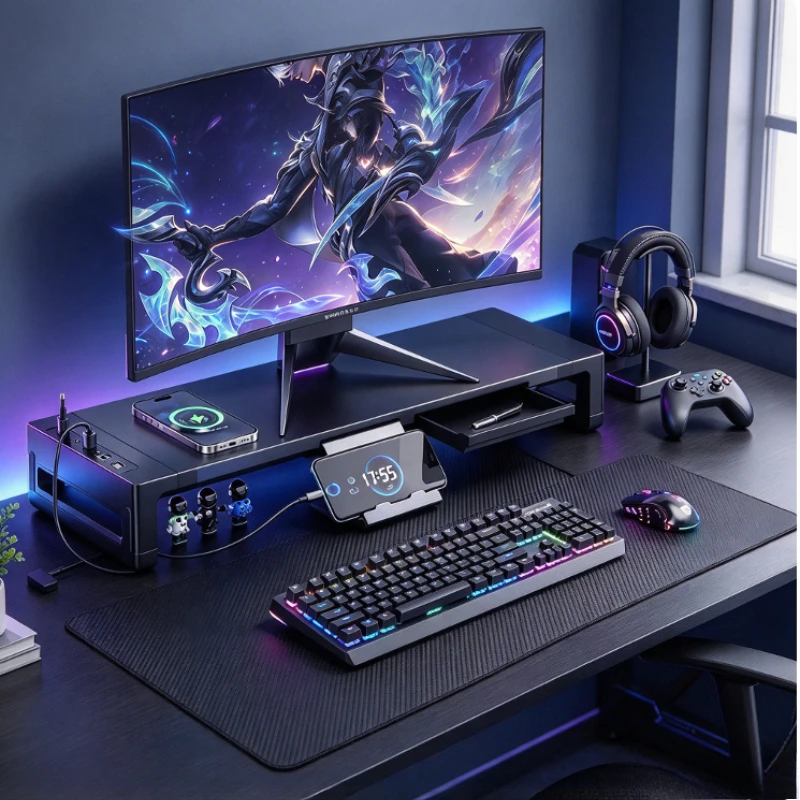 Monitor Stand Riser Adjustable Metal Desktop Organizer Wireless Charging USB 3.0 Hub 80kg Load Support for Laptop Office Use
