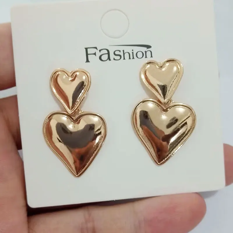 Luxury Trendy Double Heart Shaped Earrings Stainless Steel Golden Plated Smooth Love Titanium Drop Earrings For Women Jewelry