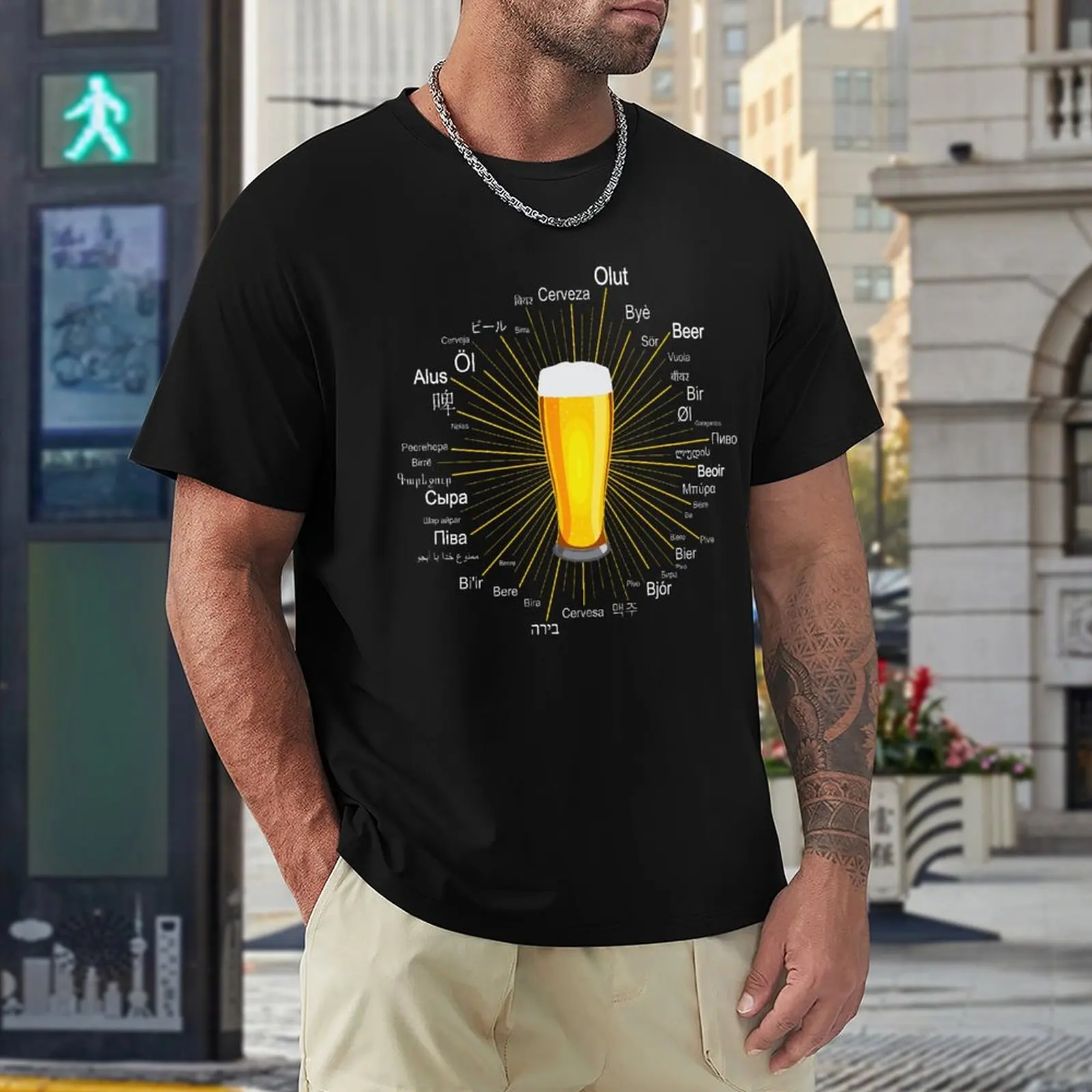 Word Beer In 45 Different Languages Different Style Men\'s O Neck Top T-shirts Simple Design Cotton Tops T Shirt