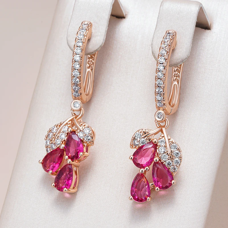 Kienl Hot 585 Rose Gold Color Flower Drop Earring for Women Fashion Red Natural Zircon Accessories High Quality Daily Jewelry