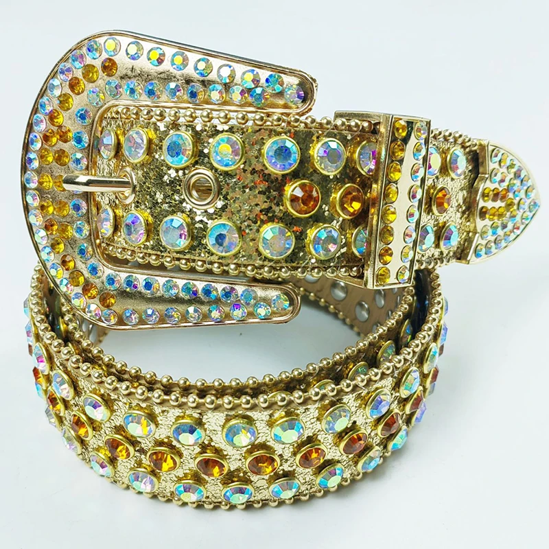 メンズファッションパンクロックカラーダイヤモンドスタッズベルトゴールドソフトレザーラインストーンベルトデザイナーウエストバンド女性トレンディストラップオン