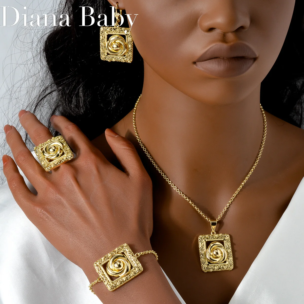 

European and American Square Pendant Jewelry Set Dubai Gold Color Flower Necklace Bracelet Earring Ring For Women Statement Gift