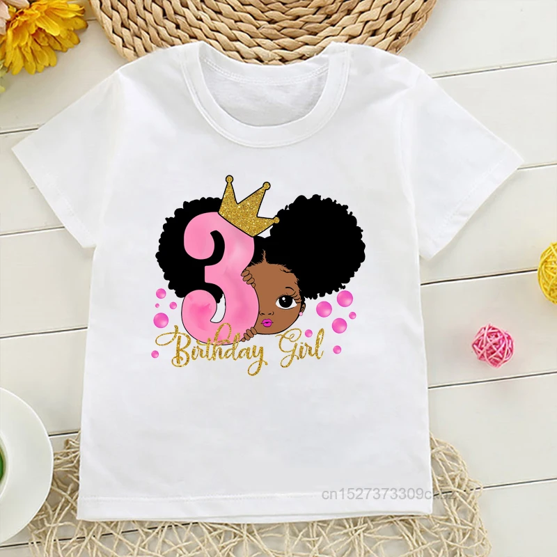 Peekaboo Girl With Puff Afro Ponytails Birthday Number Baby Girls T-shirt Birthday Party Clothing Funny Kids White Short Sleeve