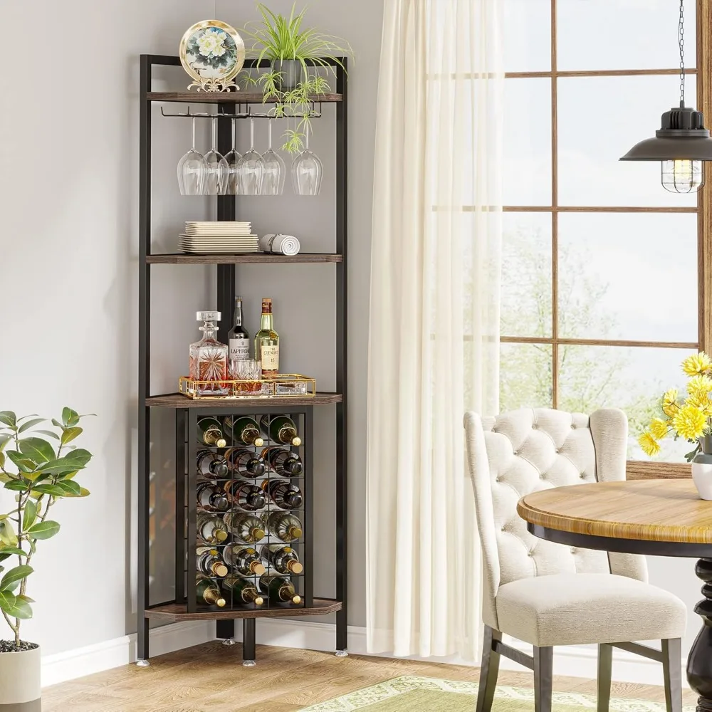 

Corner Wine Rack - 4-Tier Bar Cabinet w/ Glass Holder & Storage, Industrial Style