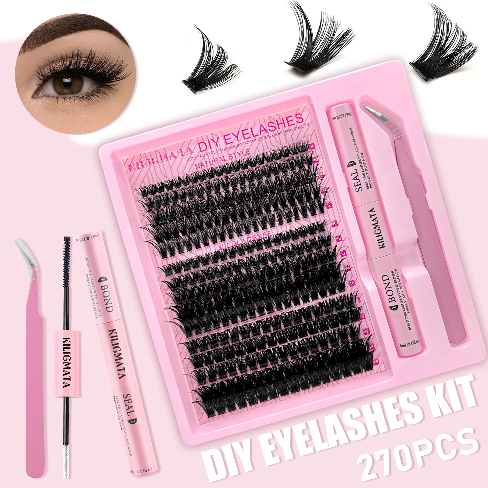 DIY Lash Extension Kit - 270PCS Lash Clusters with Bond & Seal Glue, Tweezers, 8-16mm 60D/80D/100D Natural & Dense Individual La