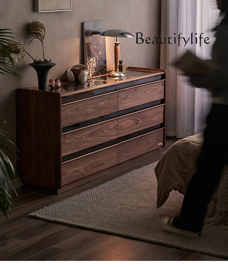 Nordic Minimalism Black Walnut Solid Wood Storage Chest of Drawers Bedroom Fingerprint Lock Jewelry Storage Cabinet