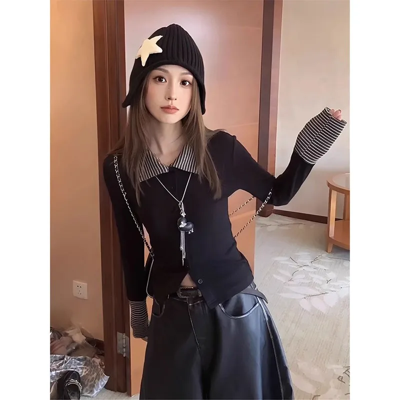 

Футболка с длинными рукавами, черная спортивная женская весенняя хлопковая футболка с драпировкой в консервативном стиле для колледжа, женская футболка в рубчик с драпировкой на талии