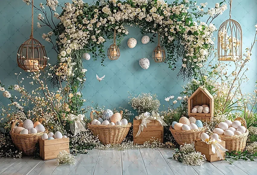Mehofond التصوير خلفية الربيع عيد الفصح الأزرق جدار قوس الأزهار البيض طفل حفلة عيد ميلاد صورة ديكور خلفية استوديو الصور