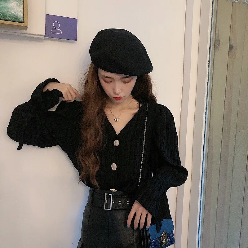 Spring New Vintage V Neck All-match Youth Shirt Tops Long Sleeve Solid Color Loose Korean Blouse Sweet Fashion Women Clothing