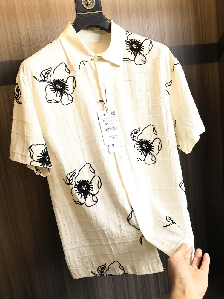 Men's Summer Short Sleeve Shirt Embroidered Floral Motif Stand Collar Slim Fit Versatile OS Shape Breathable Soft Glowing Ski...