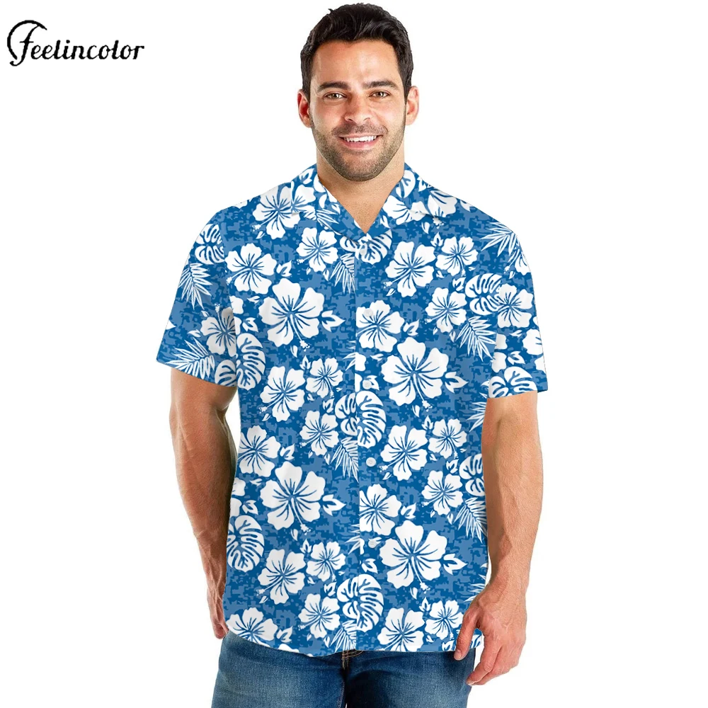 

Синяя гавайская рубашка для мужчин, белая рубашка с короткими рукавами и цветочным принтом гибискуса, летняя повседневная вечерняя футболка Aloha, пляжная верхняя одежда