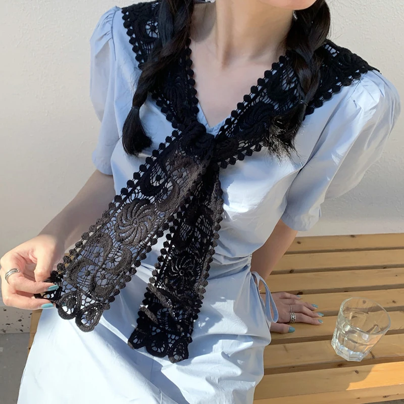 Vintage Palace Style Women False Fake Collar Hollow Out Crochet Lace Half Shirt Necklace Shawl Bowtie