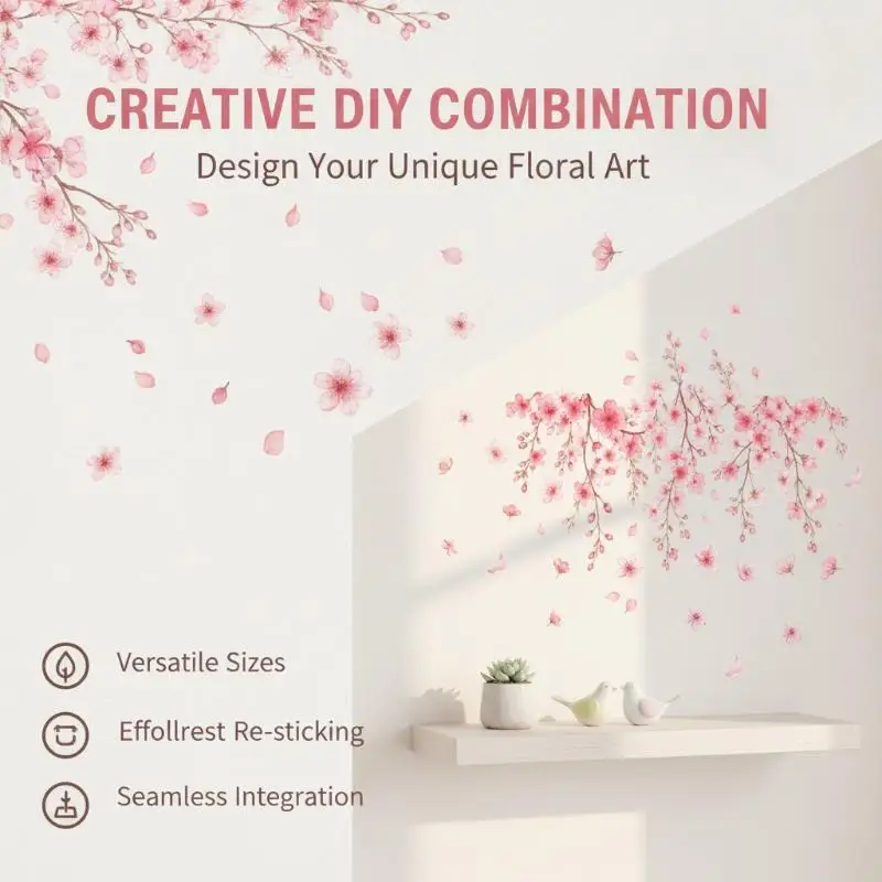 Pink Cherry Blossom Wall Stickers Self Adhesive Waterproof Perfect For Living Room Bedroom Home Decor