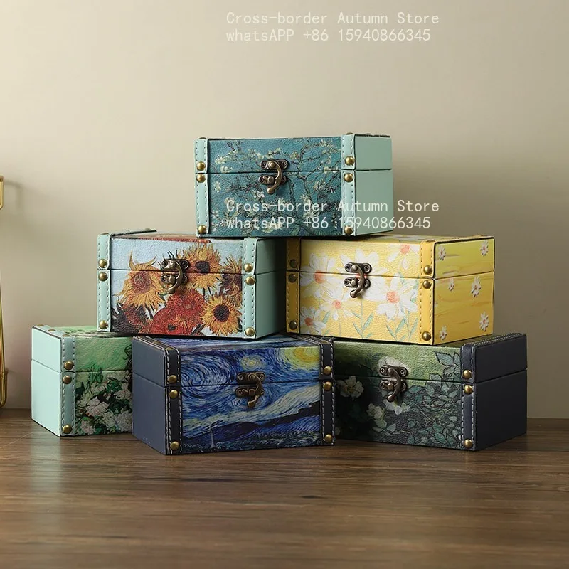 Retro jewelry box, home light luxury atmosphere leather jewelry box wooden desktop storage