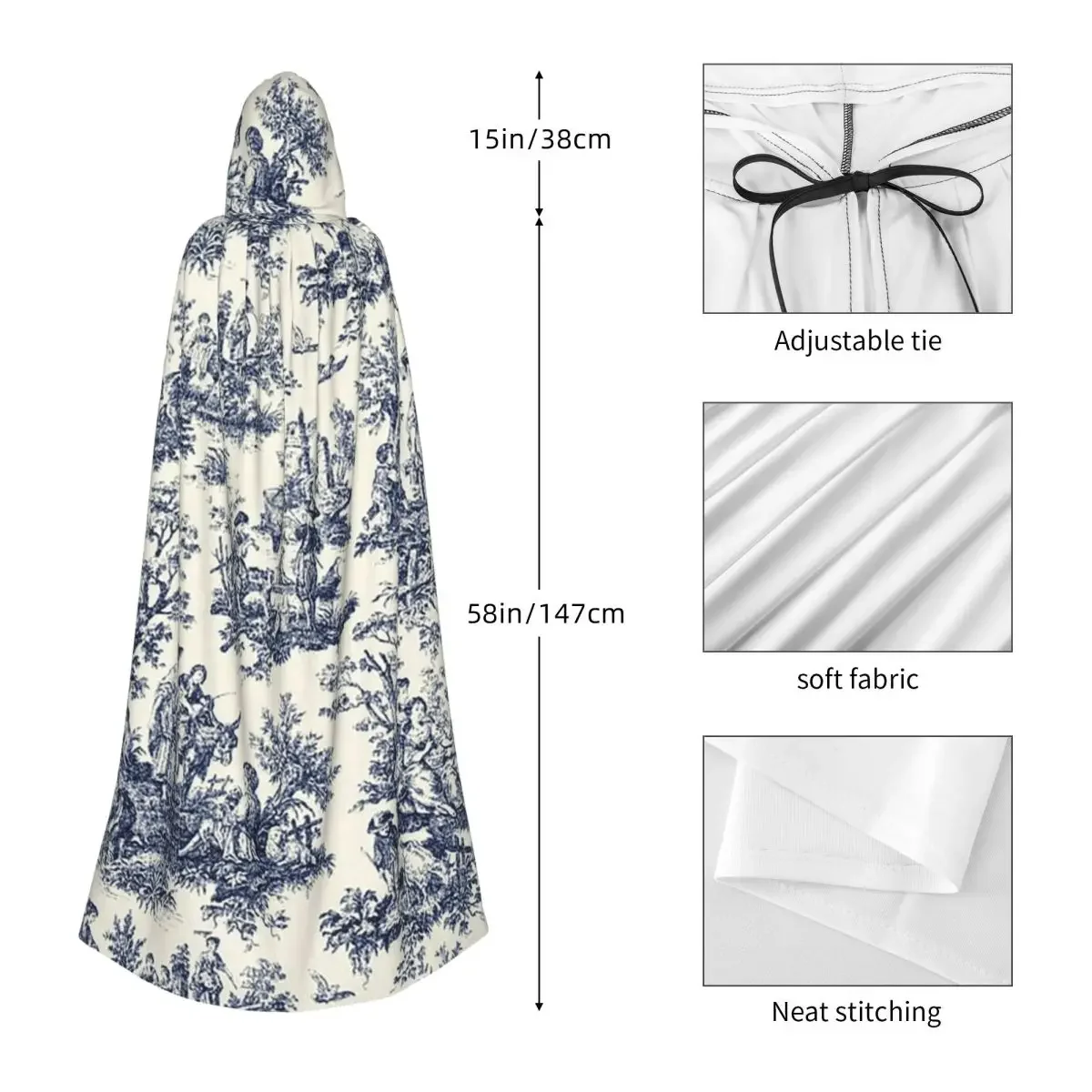 Vintage Toile De Jouy Navy And White Long Hooded Cloak Witch Medieval Costume Cosplay HalloweenCoat Adult Unisex