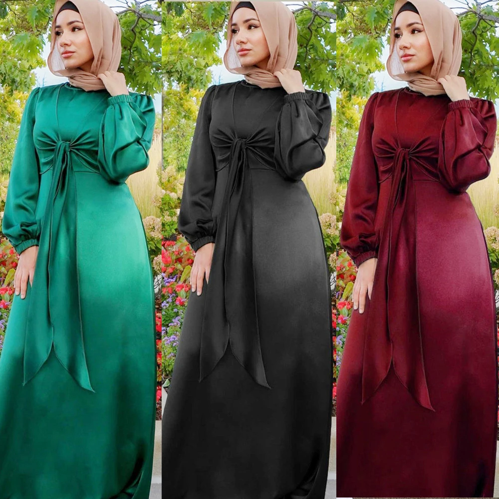 

Shiny Satin Ramadan Abaya Women Muslim Long Sleeve Maxi Dress Turkey Dubai Kaftan Islam Arab Femme Party Gown Jalabiya Vestidos