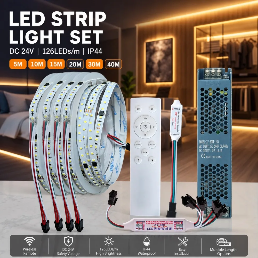 10-40M 12 Keys RF Remote Control WS2811 2835SMD DC24V  Running Water Flowing LED Ribbon 126Leds/M Flexible Strip Lamp Kit