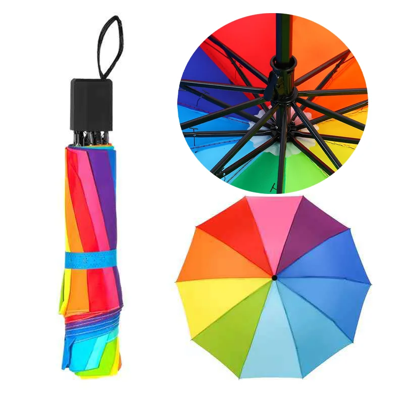 Fashion Rainbow Umbrella Three Fold Umbrella Long Handle Automatic Wind Resistant Folding Straight Umbrella