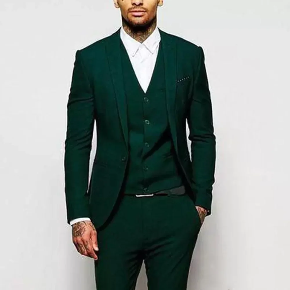 

Men Suits Army Green Business Casual Groom Tuxedos Slim Fit Party Peak Lapel 3 Piece （Blazer + Vest + Pants）Costume Homme