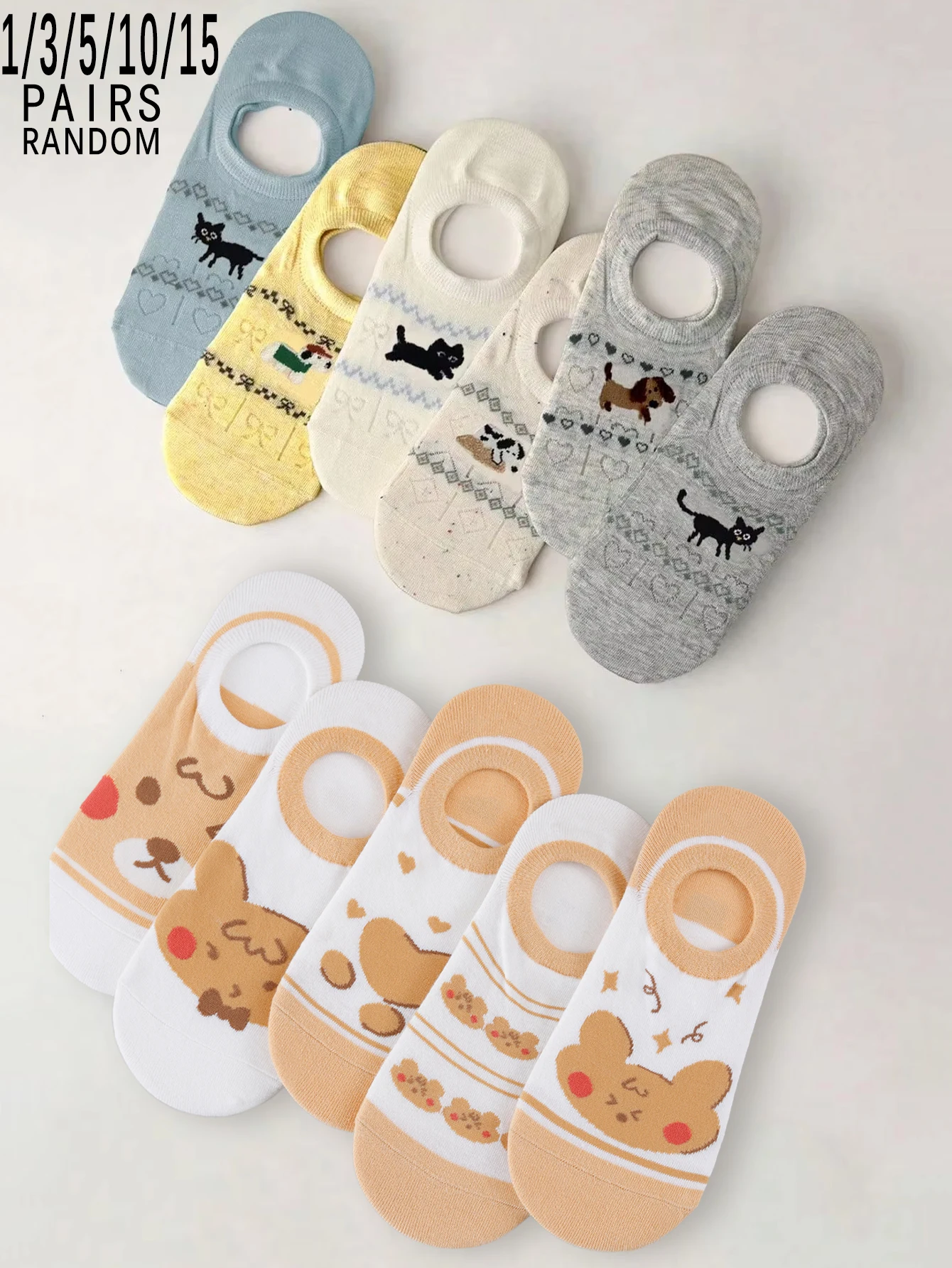 1/3/5/10/15 Paar Damen-Socken mit Cartoon-Motiv, niedliche Katzen- und Hundemotive, Frühling/Sommer, dünn, INS-Stil, weiche, lässige Bootssocken