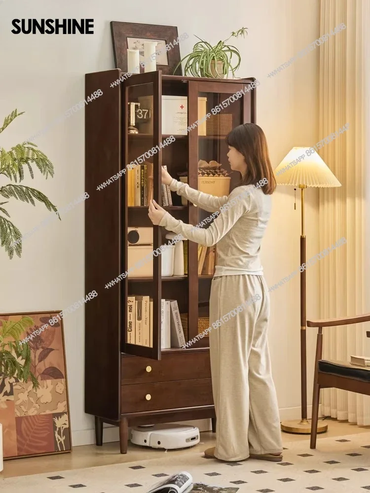 Nordic solid wood bookcase large capacity walnut small apartment storage cabinet study locker