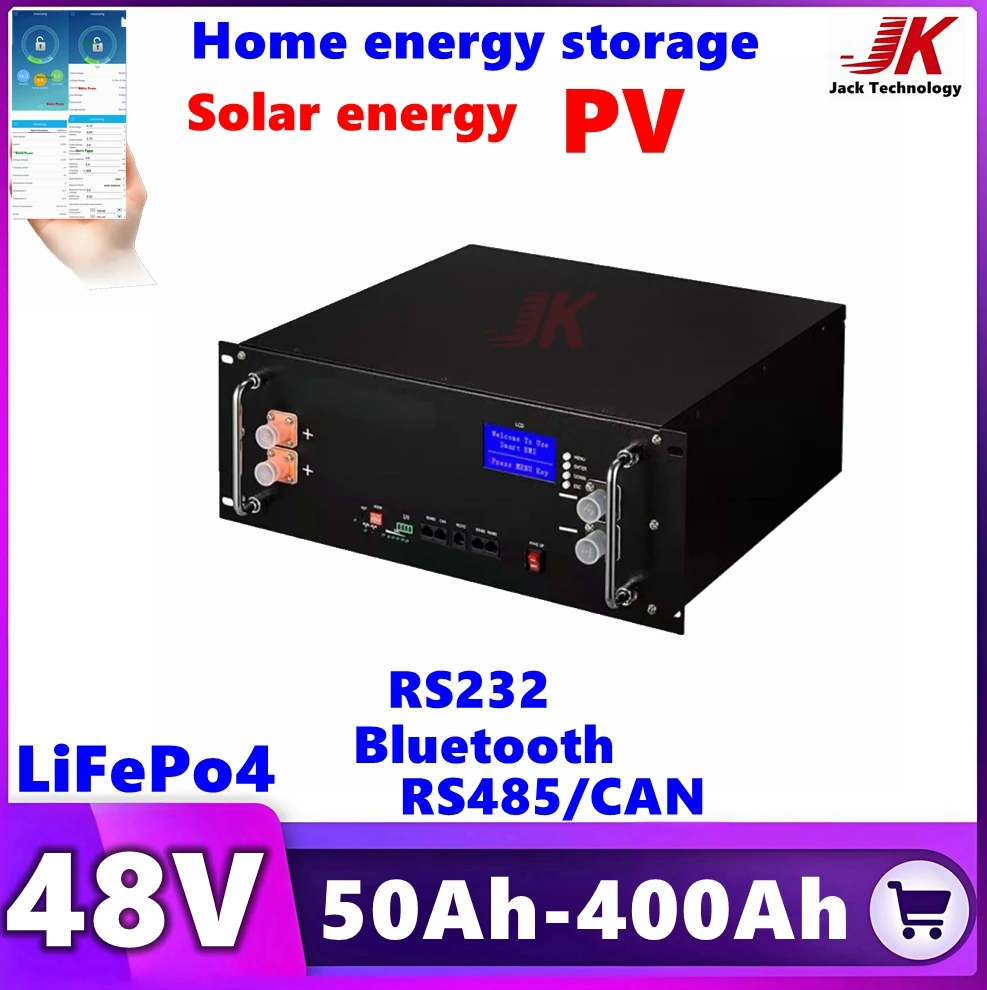 

JK 51.2V 10KWh Solar Battery 48v 200AH LiFePO4 100AH 250AH 300Ah 400Ah RS485/RS232/CAN 6000+Cycle,for PV Home energy storage