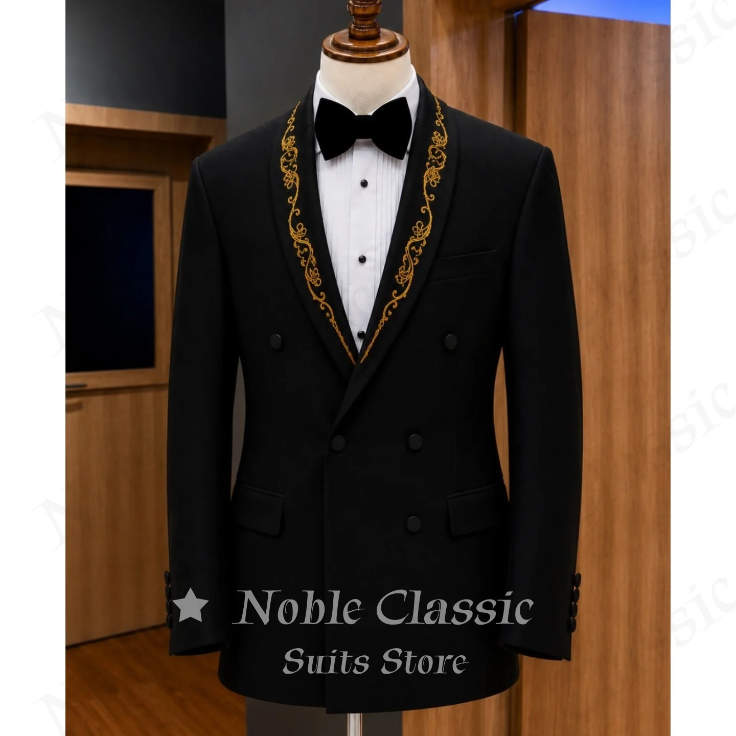 Black Double Breasted Tuxedo Blazer Men Luxury Gold Embroidery Shawl Lapel Slim Fit Formal Only Jacket Wedding Groom Customized