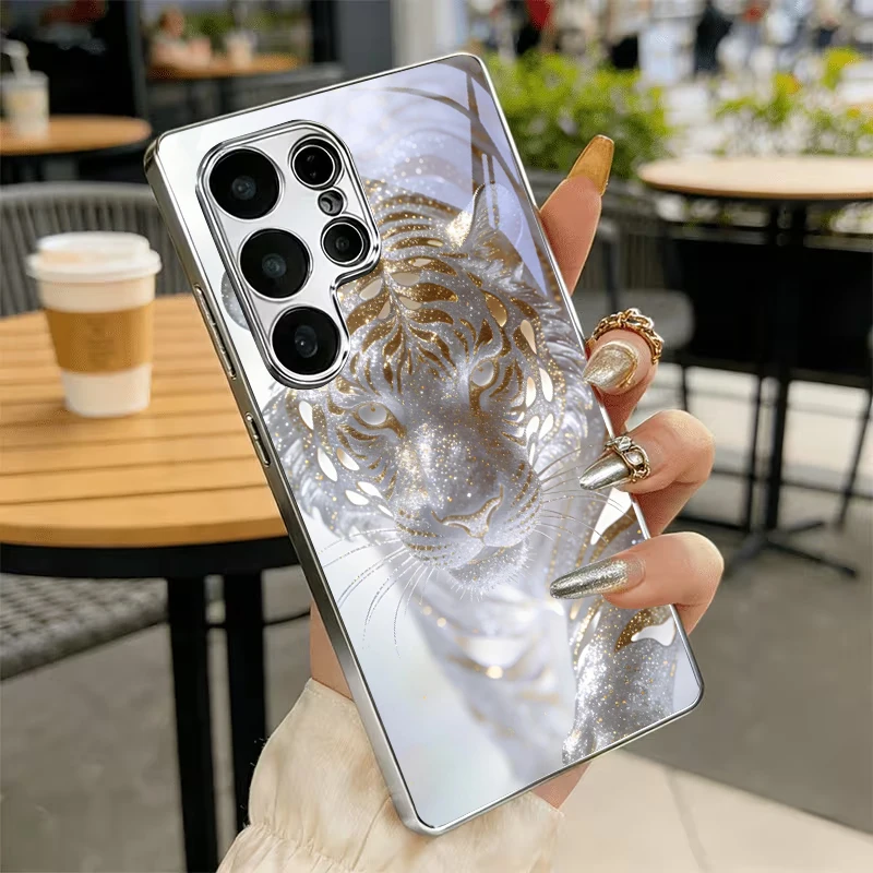 White Tiger Gold Vein Electroplated Silver Phone Case For Samsung A34 A54 A15 A35 A55 A06 A16 A36 A56 A07 A17 A37 57 Glass Cover