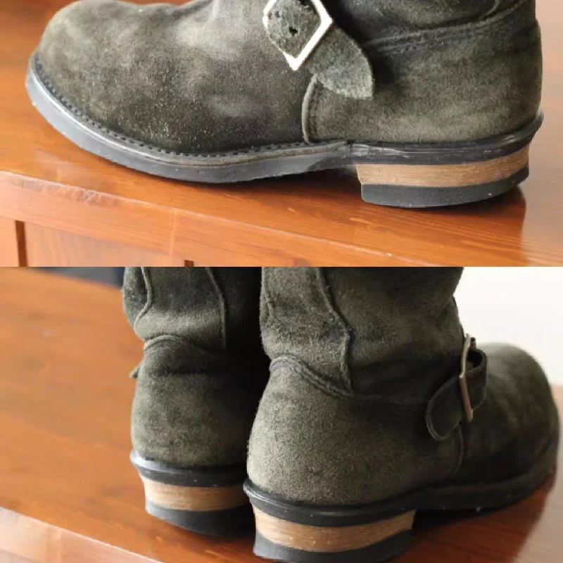 Dark Green Handmade Vintage Khaki Suede Work Boots Men and Women Engineer Shoes American Retro Motorcycle Faded Mid-Calf Boot