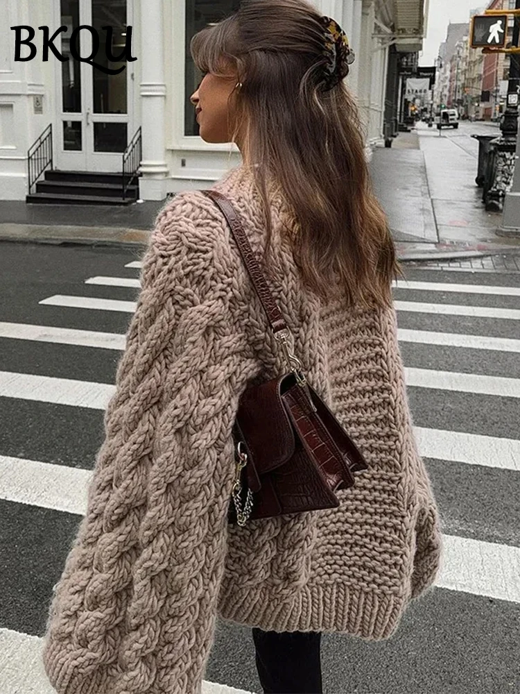 BKQU Oversize Knitted Pullover Women Solid O-neck Sweater Autumn Winter Casual Lazy Female Loose Sleeves Knitwear Jumper 2024