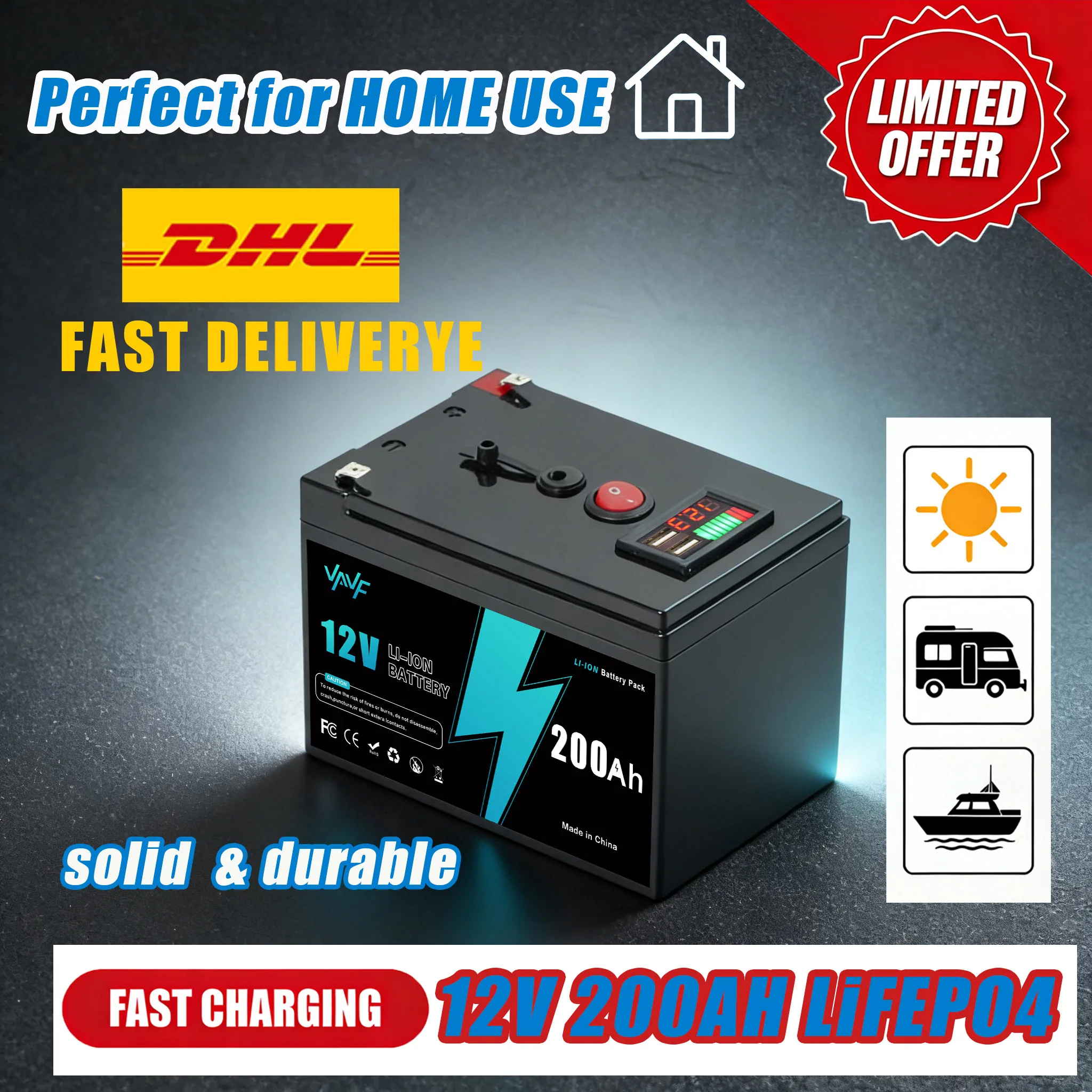 

LiFePO4 Аккумулятор Солнечная батарея 12В 200Ач ️ Литиевый с Smart BMS для хранения солнечной энергии, транспортных средств для отдыха и морского использования