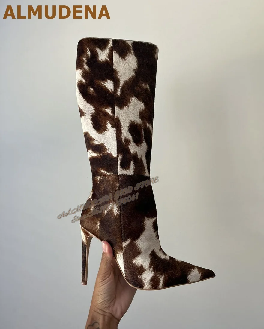 ALMUDENA White Black Horsehair Spots Knee High Boots Cow Skin Pattern Thin High Heel Lace-Up Shoes Fall Winter Dress Footwear