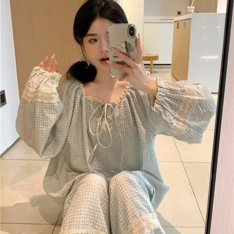 2025 Spring and Autumn New Ladies Korean Pajamas Homewear Set Girls Sweet Lace Ins Style Student Underwear Pajamas Homewear