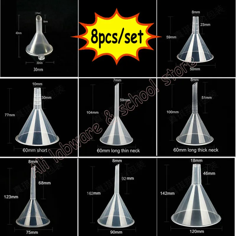 8 sztuk/zestaw laboratorium 30mm 50mm 60mm 75mm 90mm 120mm średnica lejek trójkątny laboratorium przezroczysty biały plastikowy lejek stożkowy