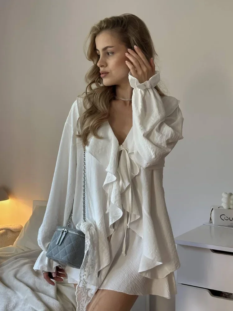 New Trendy V Neck Lace Up Flounce Sleeve Cover Up Blouse Breathable Oversized Casual Streetwear Spring Summer Chic