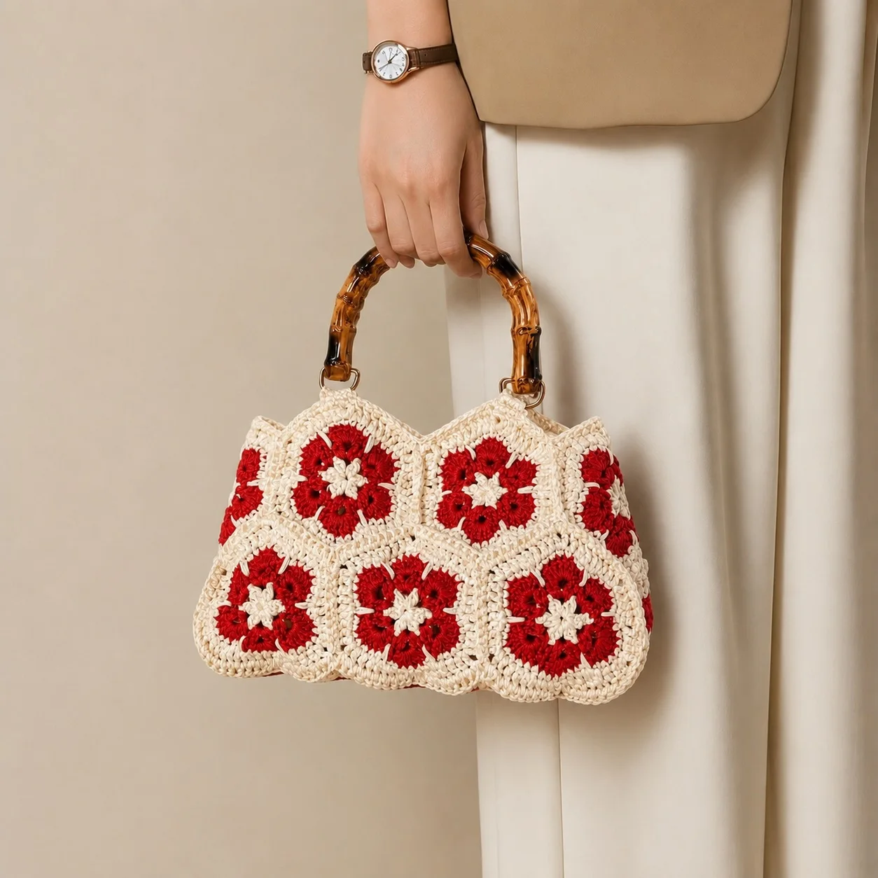 Handwoven Floral Crochet Bag with Beautiful Handle  Retro Granny Square Style Womens Tote for Daily & Travel Use