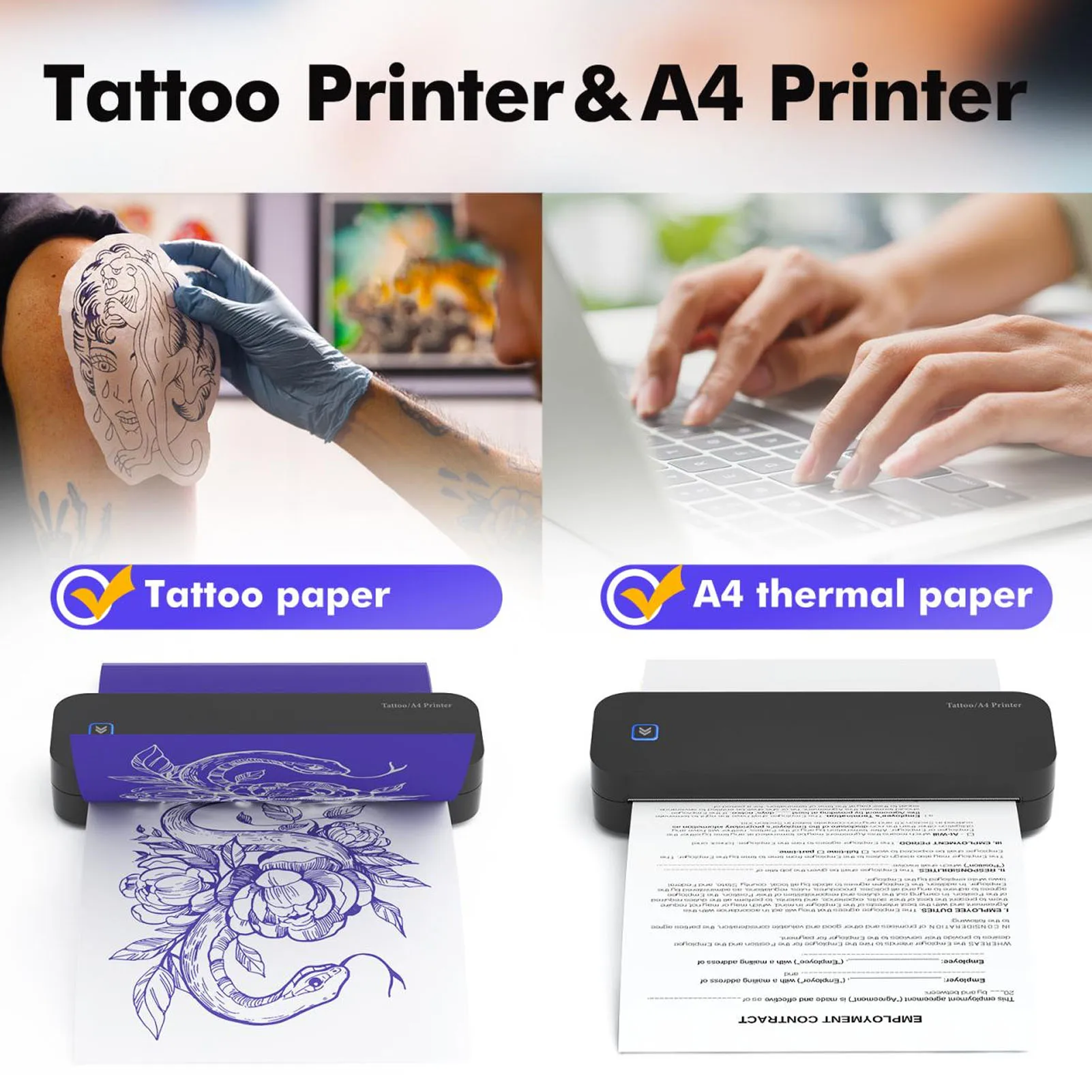 Wireless Tattoo Transfer Kit 2600mAh Small Tattoo Printer Kit Mini Portable Rechargeable Black with Transfer Papers for Office