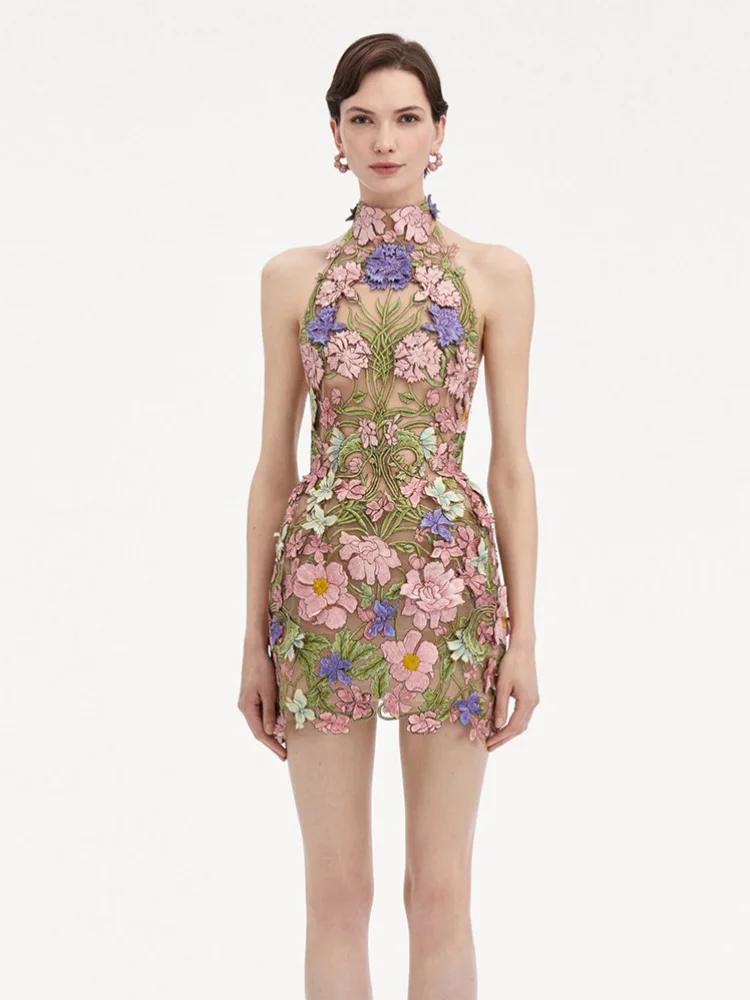 

2025 Women Sexy Sleeveless Halter 3D Flowers Backless Dress Birthday Party Costume Bar Nightclub Stage Performance Clothing