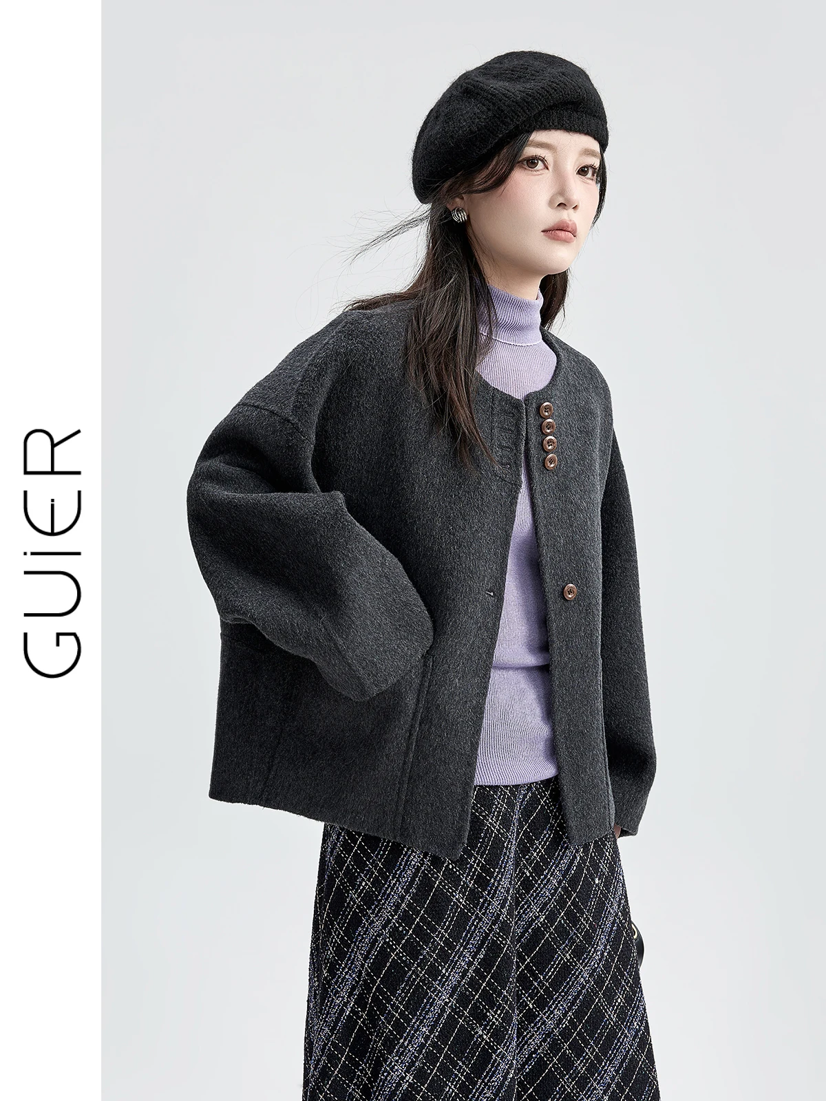 

Двустороннее шерстяное пальто для женщин, свободный крой, круглый вырез, стройнящее, осенне-зимнее, новое, повседневное, модное, верхняя одежда