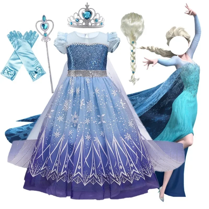 2024 Elsa Costumes for Girls Snow Queen Ball Gown Sequined Mesh Carnival Party Vestidos Birthday Princess Elsa Dress 4-10 Years