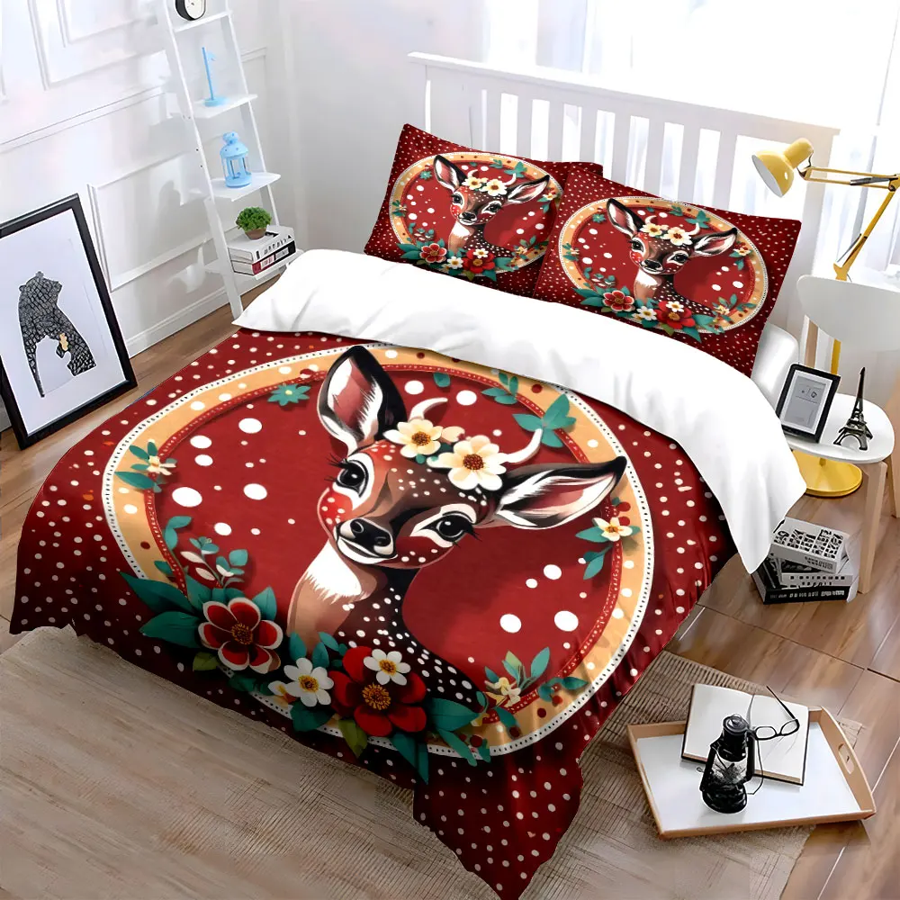 Floral Deer Art Decor Set Soft Skin-Friendly Bedding Set Includes 1 Duvet Cover And 2 Pillowcase, Gift