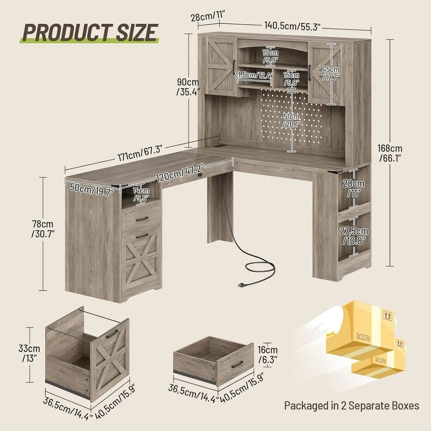 67'' L Shaped Executive Desk with Hutch, Corner Computer Desk with File Drawer, Desk with Storage & LED Lights, Customized