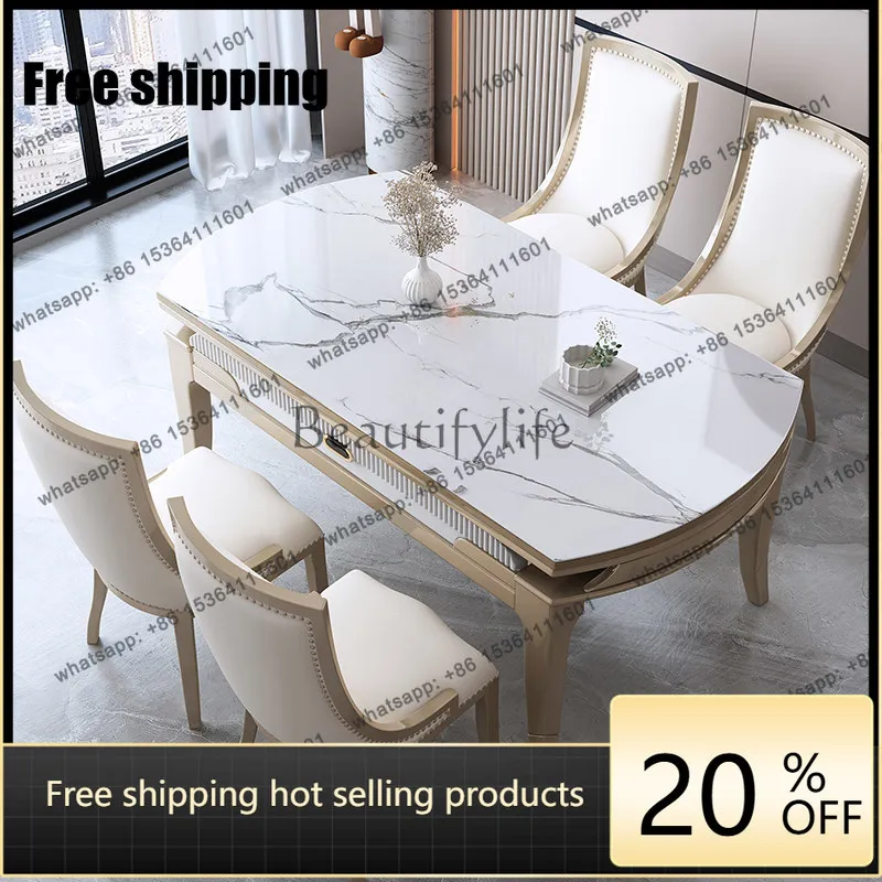 

Light luxury rock slab dining table Modern simple household American telescopic folding solid wood square and round dining table