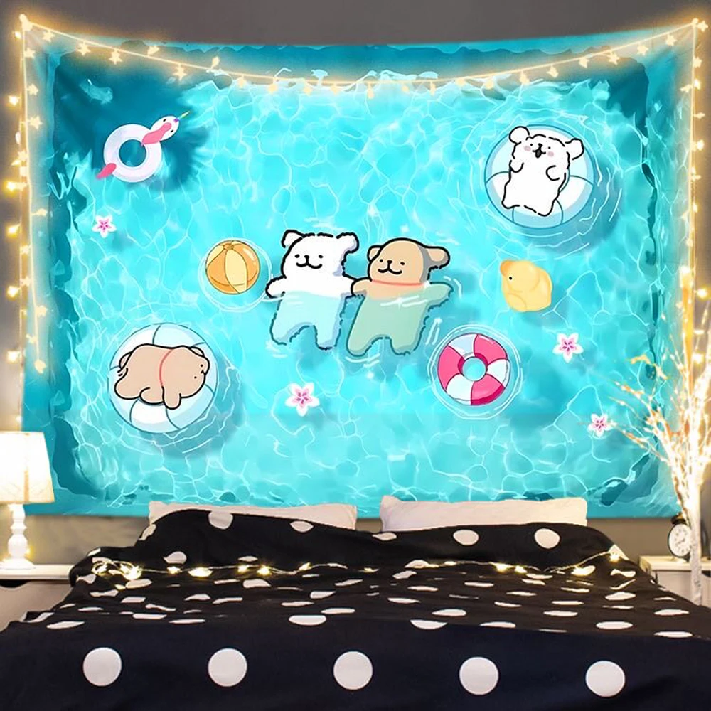 Line Friends Puppy Cartoon Anime Tapestry Fresh Style Wall Hanging Art Cloth Dorm Room Decor Photo Background